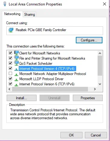Windows Local Area Connection Properties window – Internet Protocol Version 4 (TCP/IPv4) highlighted in the list of items the connection uses