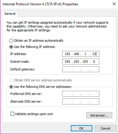 Internet Protocol Version 4 (TCP/IPv4) Properties window – “Use the following IP address” selected, with the IP address 192.168.1.22 and the subnet mask 255.255.255.0