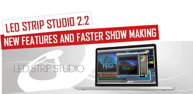 LED Strip Studio 2.2 – New features and faster show making – red banners above a laptop with the LED Strip Studio software and the LED Strip Studio logo