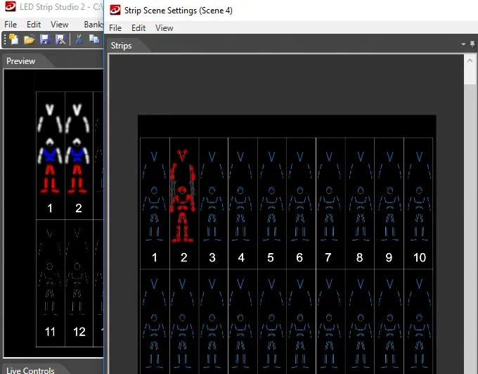 Strip Scene Settings window of LED Strip Studio – the animation of suit 2 shown in red among 20 LED suit outlines, with the main preview window behind it