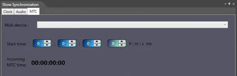 Show Synchronization window of LED Strip Studio with the Clock, Audio and MTC tabs – the MTC tab is open with the MIDI device, the start time and the incoming MTC time