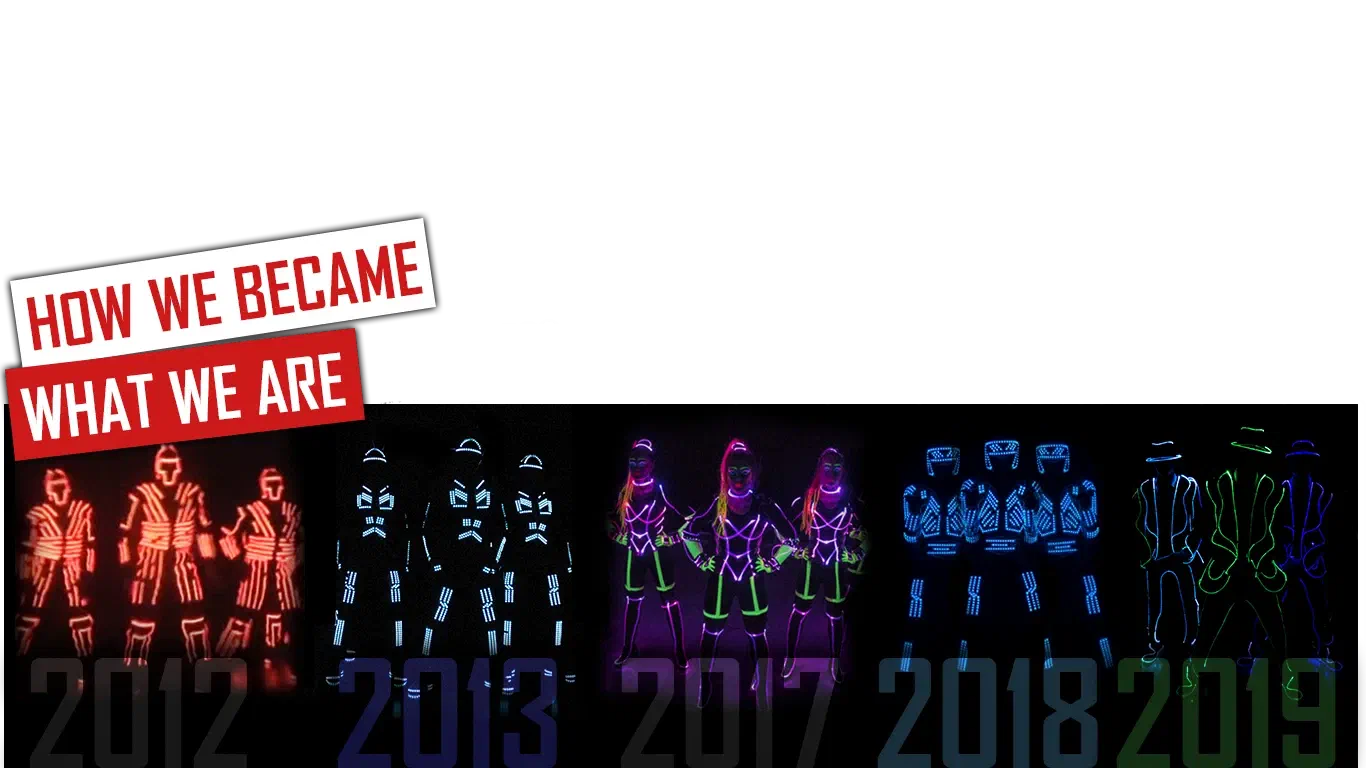Ako sme sa stali tým, čím sme – červené a biele bannery nad tanečníkmi Tronu v žiariacich LED kostýmoch z rokov 2012, 2013, 2017, 2018 a 2019