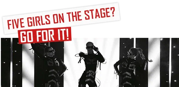 Five girls on the stage? Go for it! – red and white labels above three female dancers in LED suits and sunglasses in a black-and-white stage photo