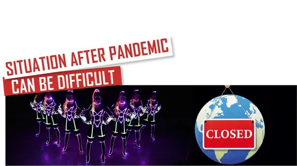 Situation after pandemic can be difficult – red and white banners above seven Tron Girls in black suits glowing with neon green and purple lines, next to a globe with a red Closed sign