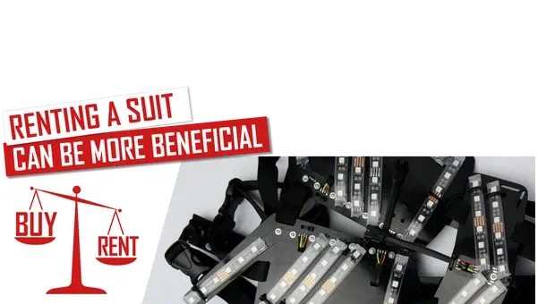 Renting a suit can be more beneficial – red and white banners above red scales weighing Buy and Rent, next to black LED suit parts with RGB LED strips