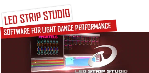 LED Strip Studio – software for light dance performance – white and red banners above the LED Strip Studio software window and its logo on a dark red background