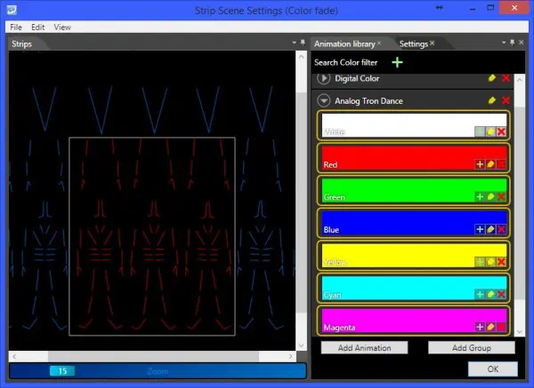 Animation library in LED Strip Studio – selected LED suit segments on the left and a list of colour animations from white to magenta on the right