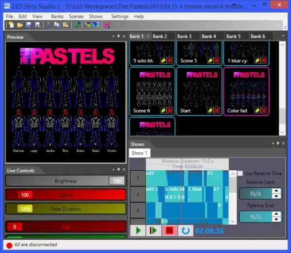LED Strip Studio 2 main window – preview of The Pastels LED suits, banks of scenes, live controls and the show timeline