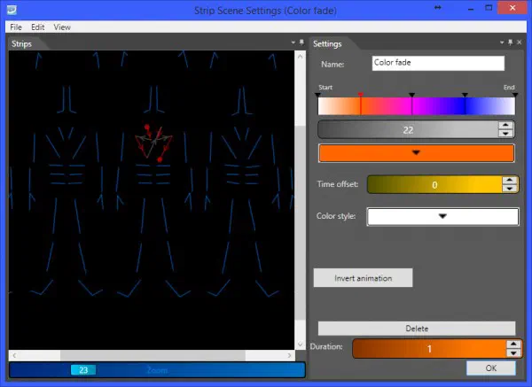 Strip Scene Settings window of LED Strip Studio – LED suit outlines on the left, a colour fade gradient with time offset and duration settings on the right