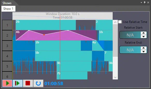 LED Strip Studio show timeline – six tracks of scene blocks with fades, the play controls and the time 01:00:58