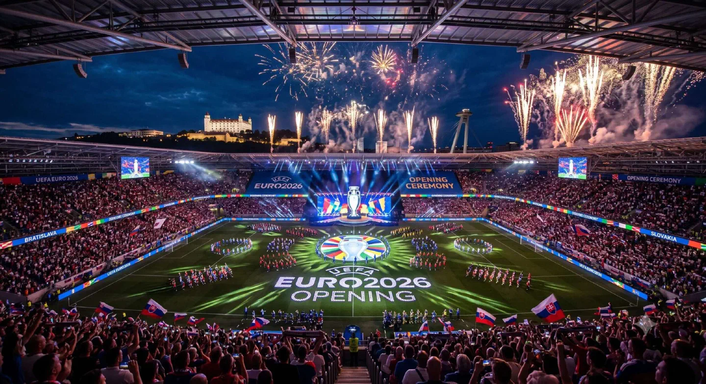 Illustration of a stadium opening ceremony at night in Bratislava – performers in formations around a glowing emblem on the pitch, a trophy on the stage, fireworks above the packed stands and Bratislava Castle behind