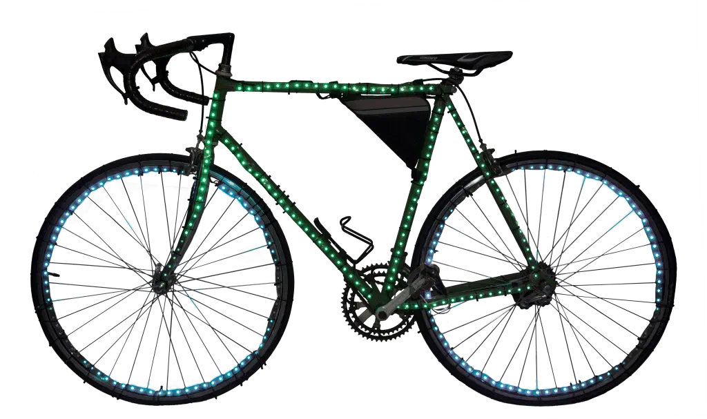 Road bicycle with green LED strips along its frame and blue-white LED strips around both wheels