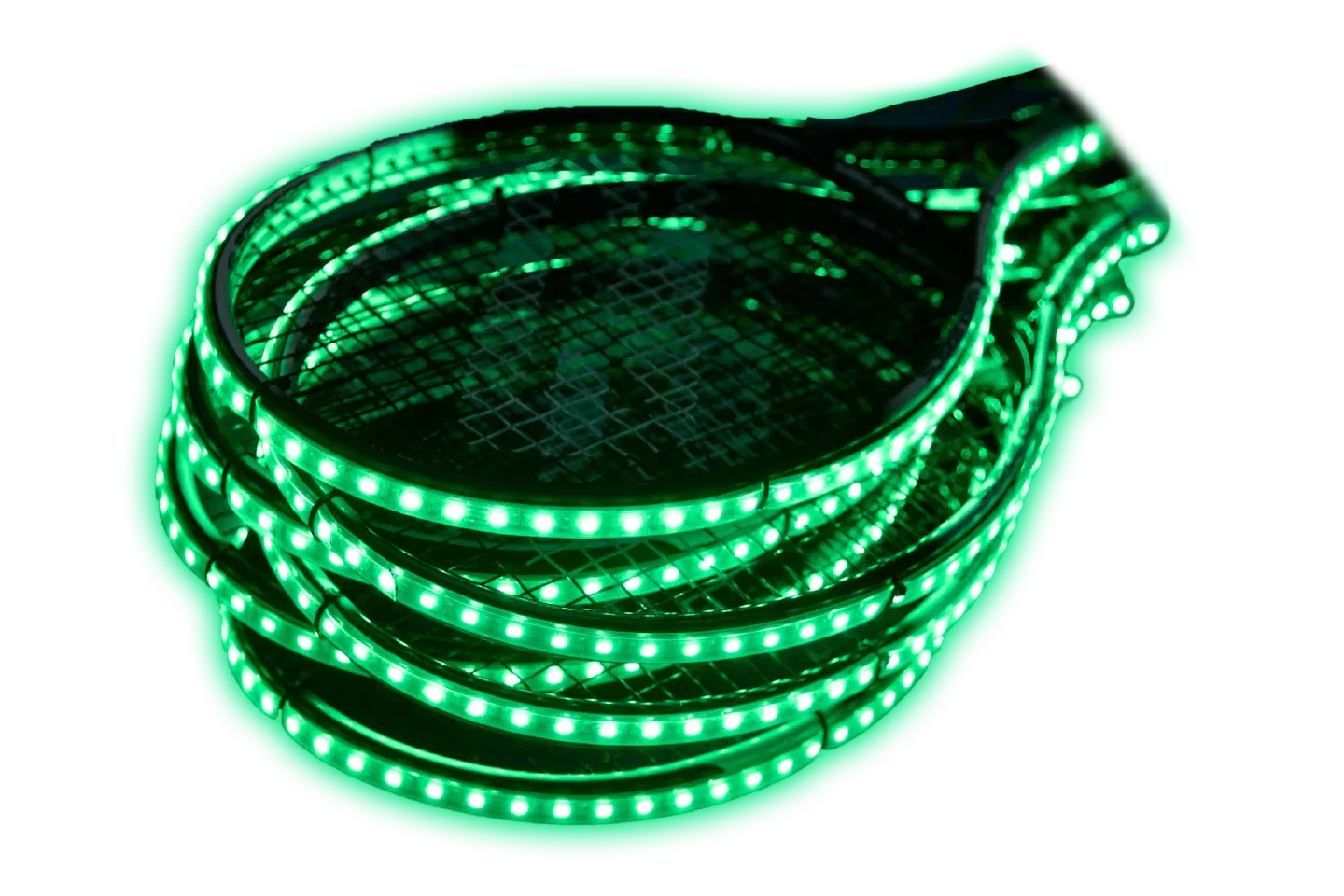 A stack of tennis rackets with glowing green LED strips around their frames
