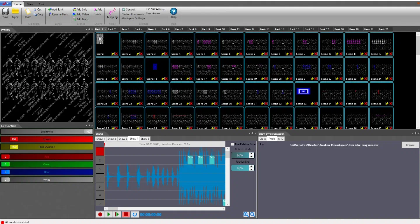 LED Strip Studio workspace for the Tron Girls show – banks of scenes with previews of the dancers, the live controls, the show timeline with the music waveform and the audio synchronization panel