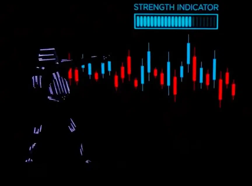 A dancer in a pixel LED suit glowing white in the dark, next to the LED wall content – red and blue candlestick chart bars under a “Strength indicator” bar
