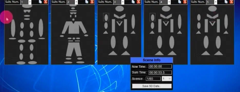 Snímka obrazovky softvéru Light Effect – päť obrysov LED kostýmov rôznych typov, každý s voľbou Suits Num., a okno Scene Info s časom a číslom scény