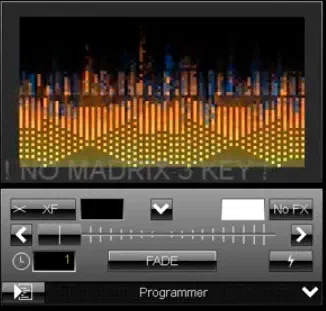 Panel efektov v softvéri Madrix – náhľad oranžovo-žltého efektu ekvalizéra nad ovládacími prvkami crossfade, colour, FADE a Programmer