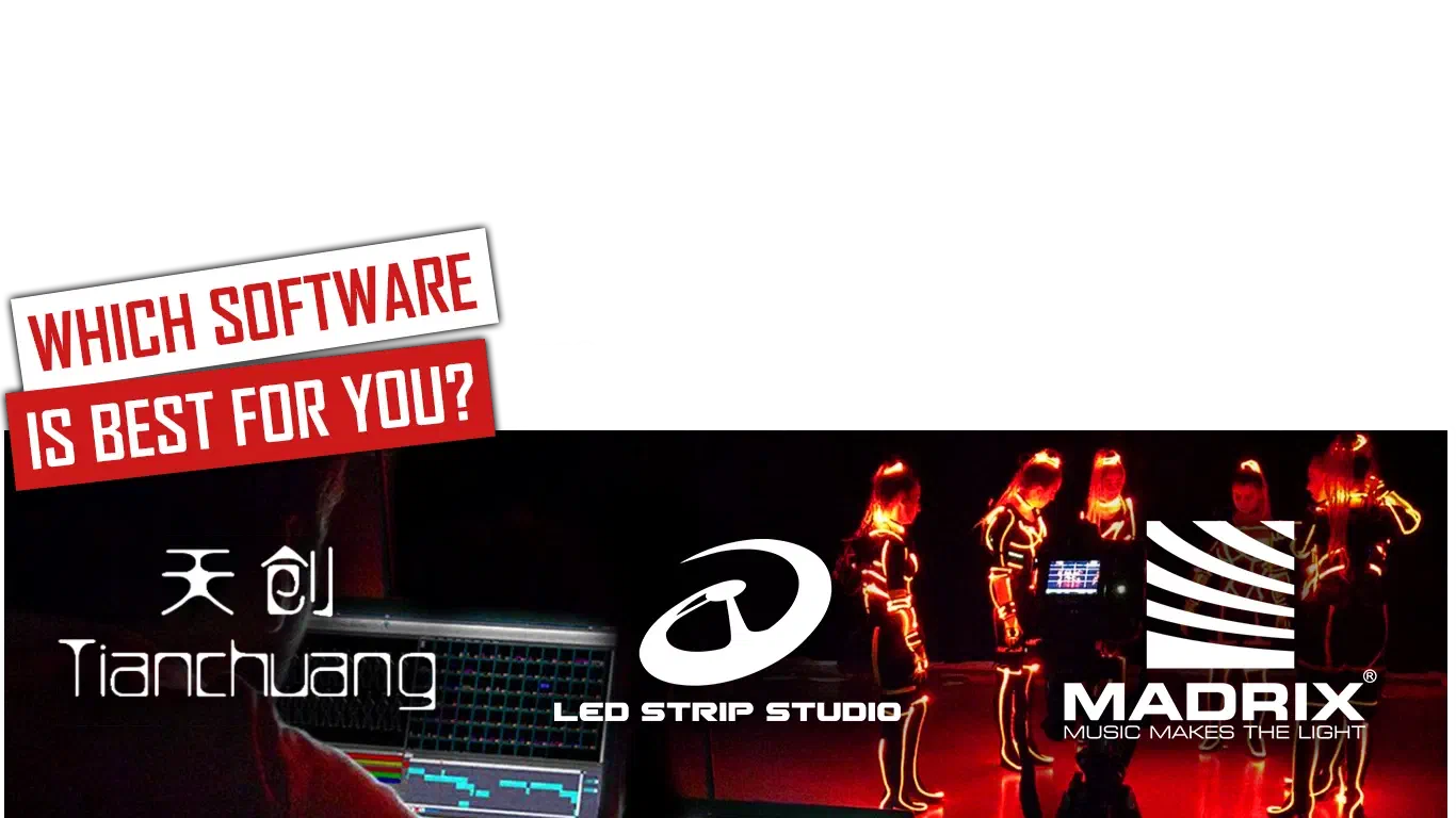 Ktorý softvér je pre vás najlepší? – červené a biele bannery nad logami Tianchuang, LED Strip Studio a Madrix, svetelný pult a tanečníci v žiariacich oranžových LED kostýmoch