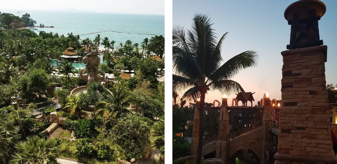 The hotel in Pattaya – a view over palm gardens, pools and a large statue to the sea, and a stone bridge with burning torches next to a palm tree at dusk