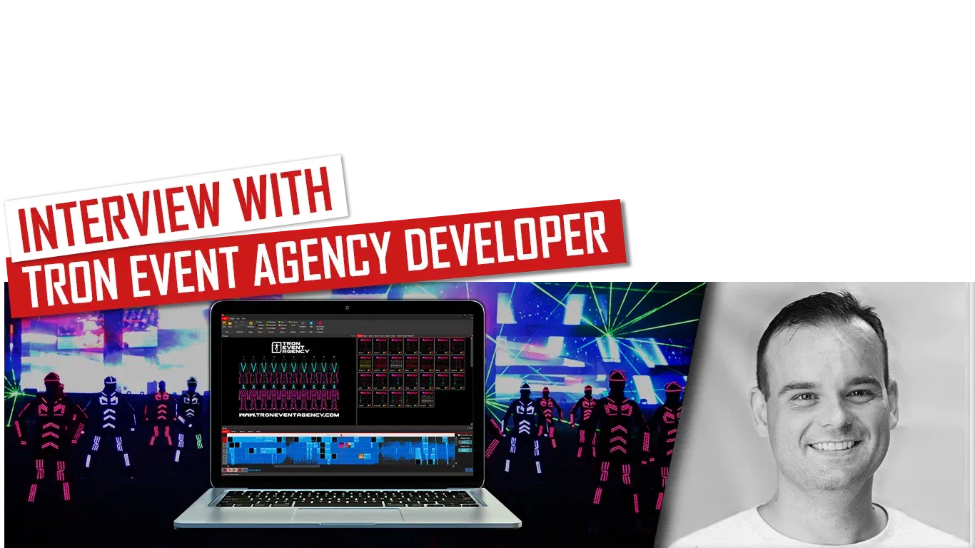 Interview with Tron Event Agency developer – red and white banners above Tron dancers in glowing pink and blue LED suits under green laser beams, a laptop running LED Strip Studio, next to a black-and-white portrait of Michal
