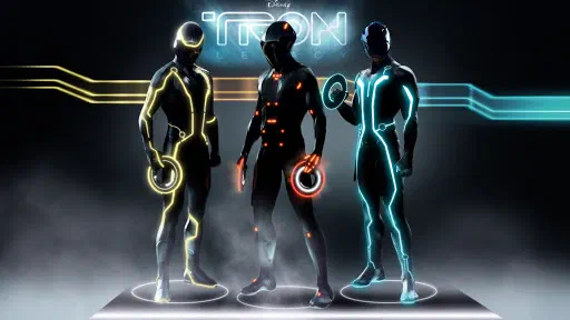 Three Tron Legacy costumes glowing yellow, orange and blue on figures standing on round platforms under the Tron Legacy logo