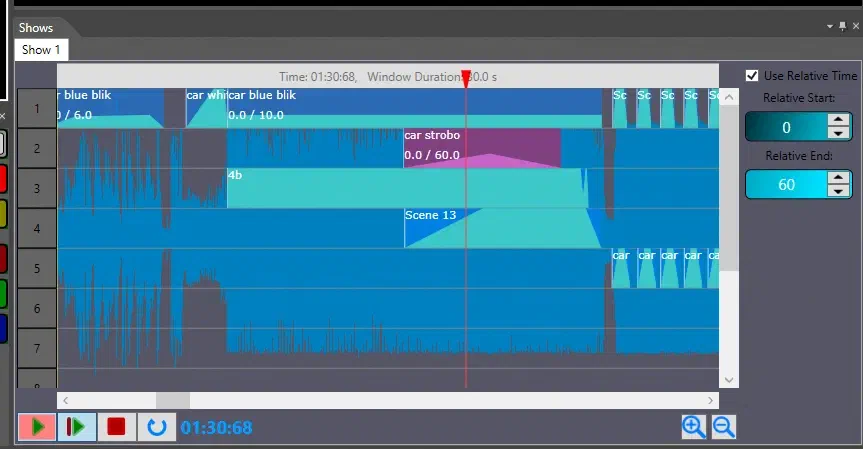 LED Strip Studio show timeline with car scenes such as “car blue blik” and “car strobo” on the tracks above the music waveform