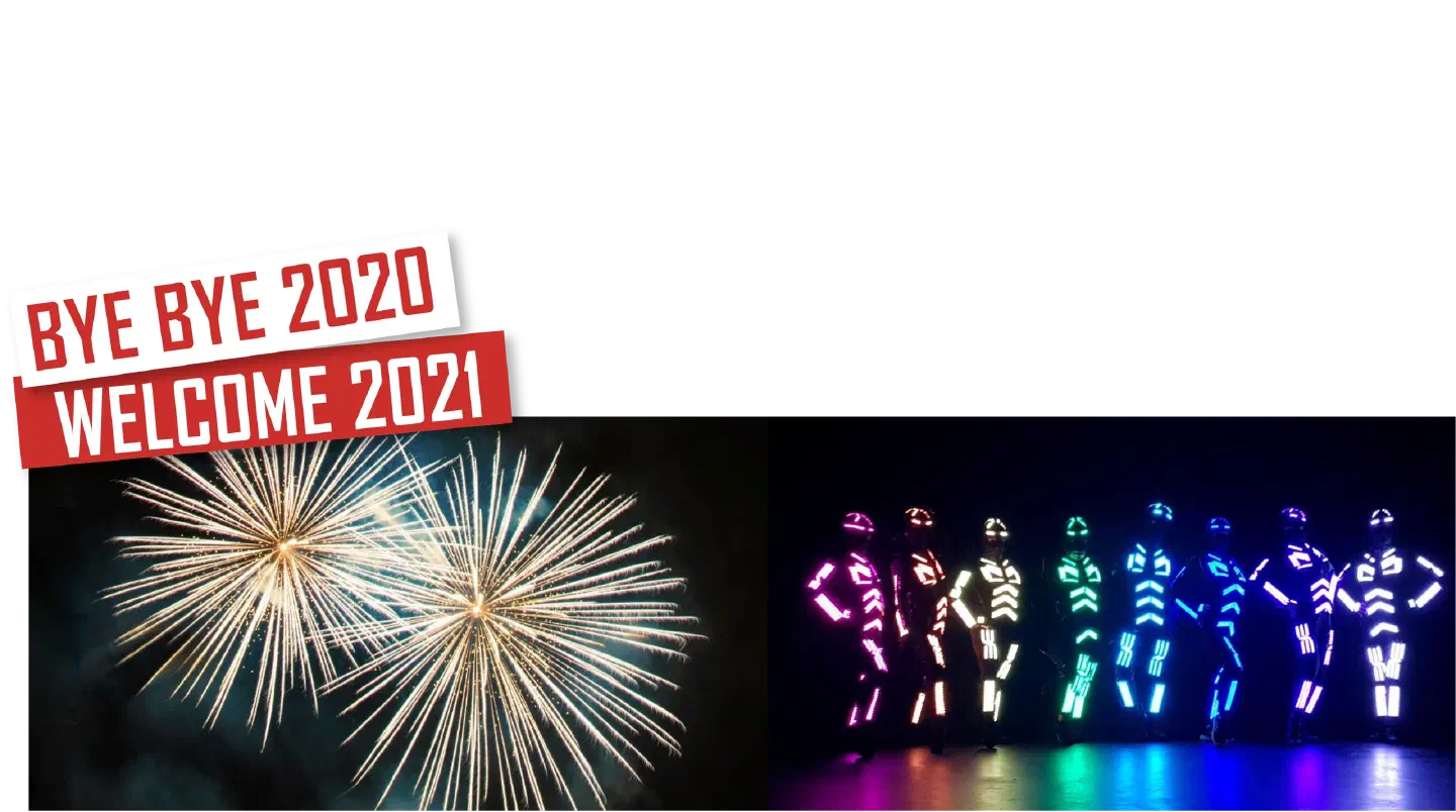Zbohom 2020, vitaj 2021 – červeno-biele bannery nad zlatým ohňostrojom na nočnej oblohe, vedľa ôsmich tanečníkov Tron v LED kostýmoch žiariacich ružovo, oranžovo, bielo, zeleno, modro a fialovo na tmavom pódiu