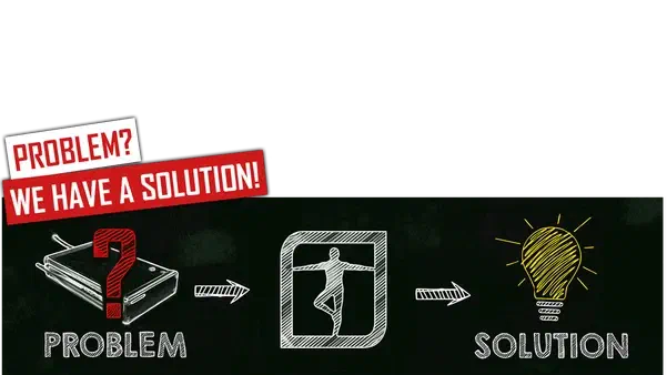 Problem? We have a solution! – red and white banners above a chalk drawing: a controller with a red question mark over the word Problem, an arrow to a dancer in a frame and an arrow to a yellow light bulb over the word Solution