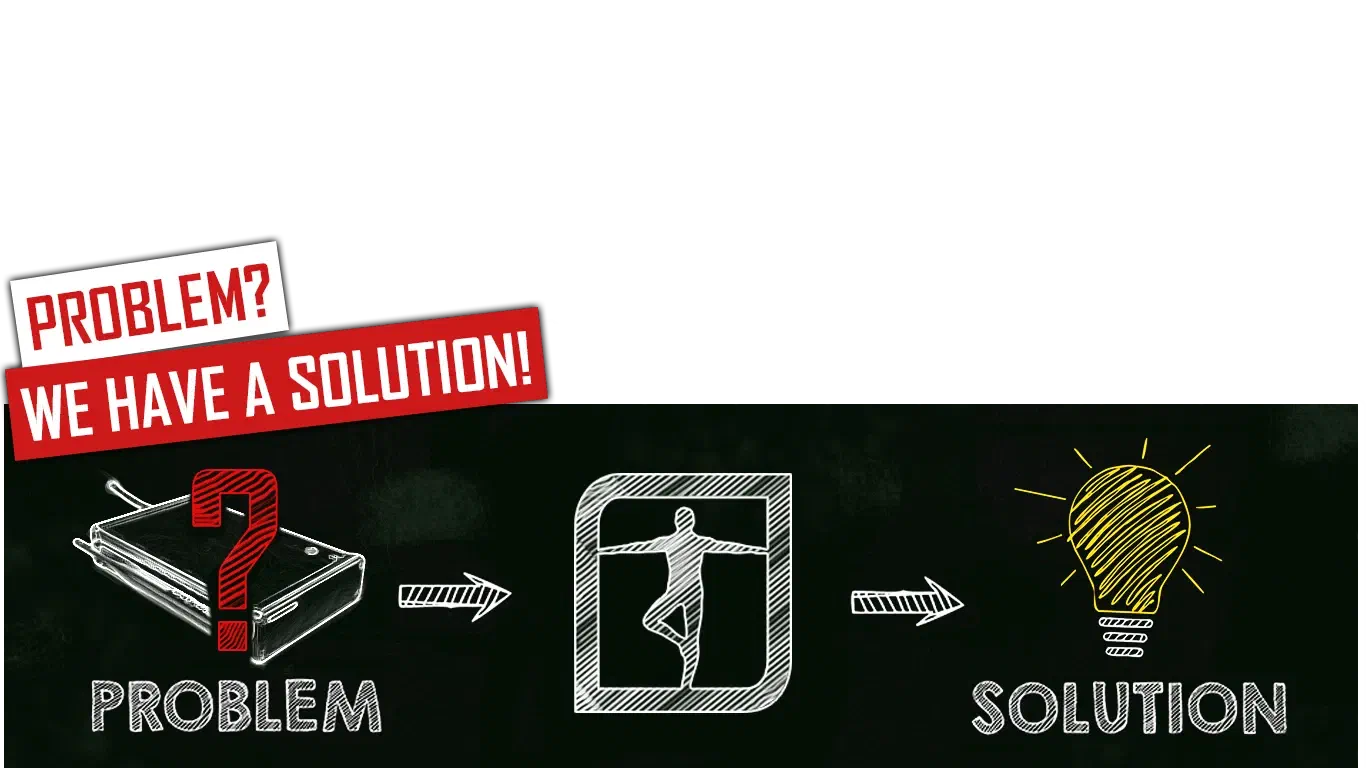 Problem? We have a solution! – red and white banners above a chalk drawing: a controller with a red question mark over the word Problem, an arrow to a dancer in a frame and an arrow to a yellow light bulb over the word Solution
