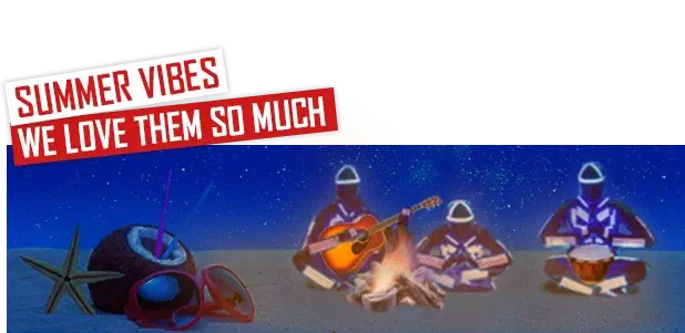 Summer vibes – we love them so much – red labels above a beach at night, where three figures in glowing LED suits sit around a campfire playing a guitar and a drum, next to a coconut cocktail, red sunglasses and a starfish