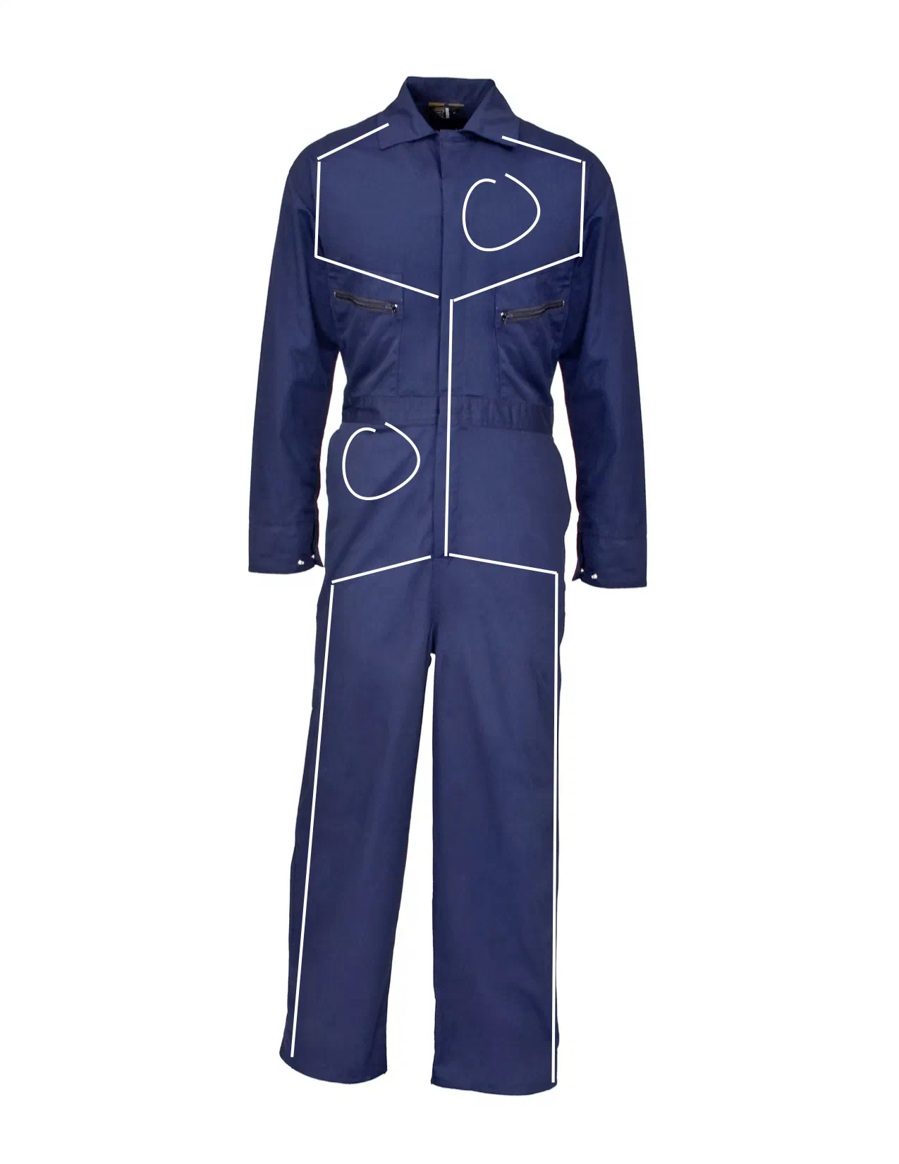 A navy blue overall with white EL wire lines fixed directly on the fabric – around the chest, down the legs and in two loops