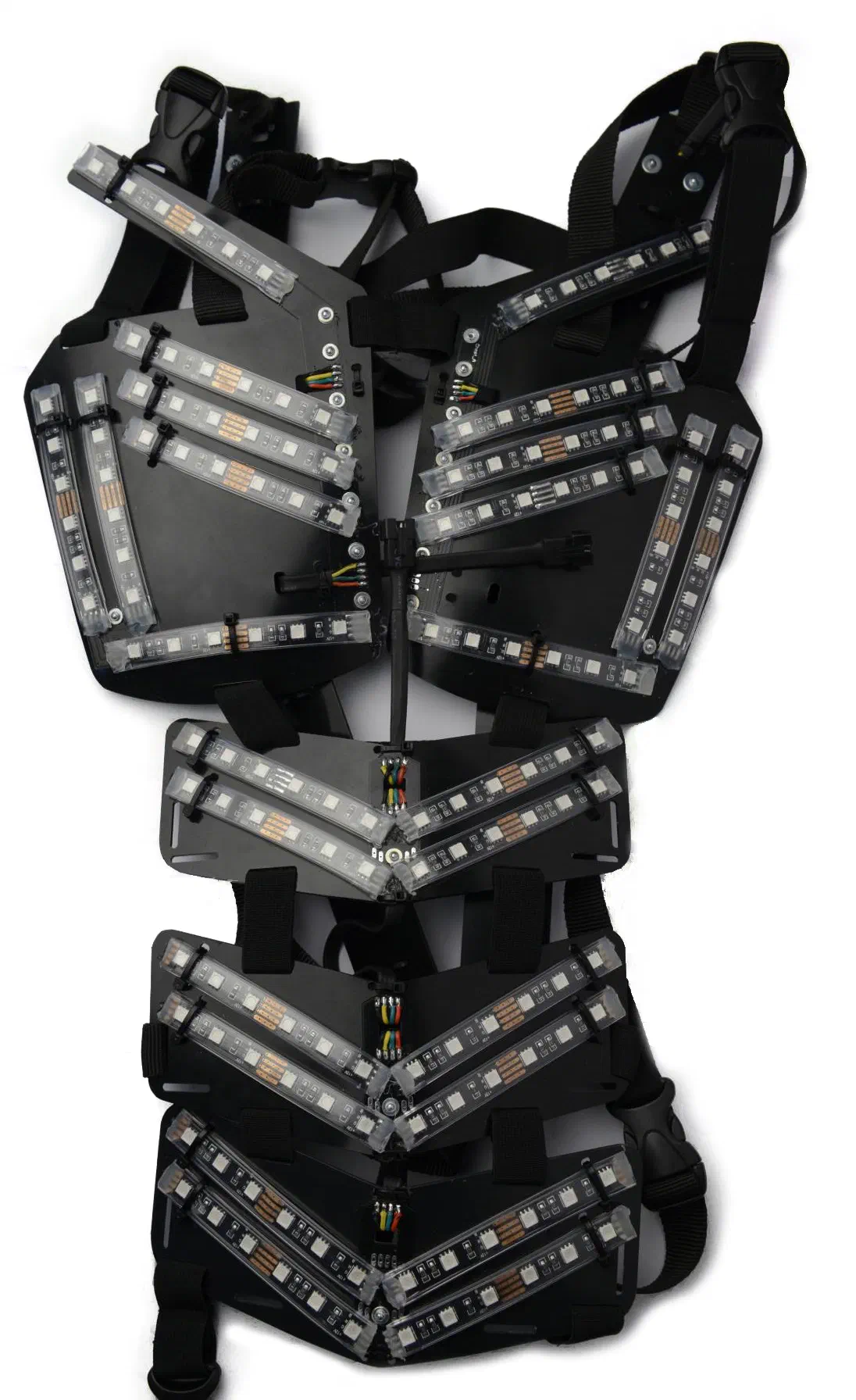 Our LED suit without the fabric – black plastic parts on a harness of straps, with LED strips fixed on the chest, belly and shoulder plates and wires between the parts