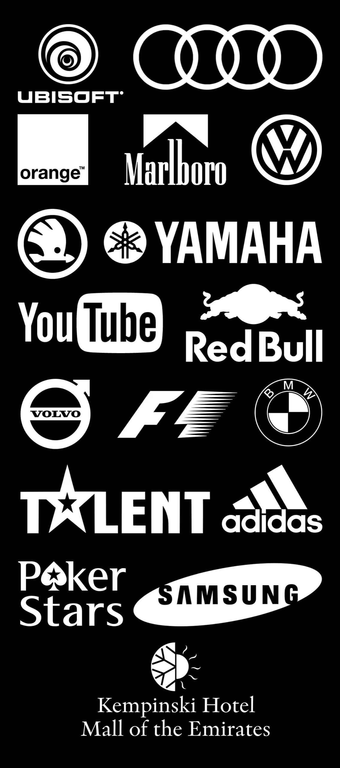 Logos of our clients in white on black – Ubisoft, Audi, Orange, Marlboro, Volkswagen, Škoda, Yamaha, YouTube, Red Bull, Volvo, Formula 1, BMW, Talent, adidas, PokerStars, Samsung and Kempinski Hotel Mall of the Emirates