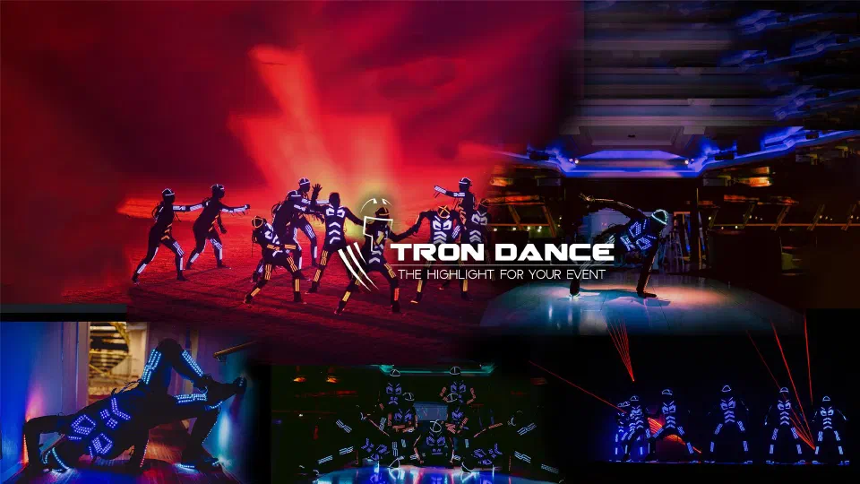 Tron Dance – The highlight for your event – collage of Tron dancers in glowing LED suits on a red-lit field, in a hall and under red laser beams
