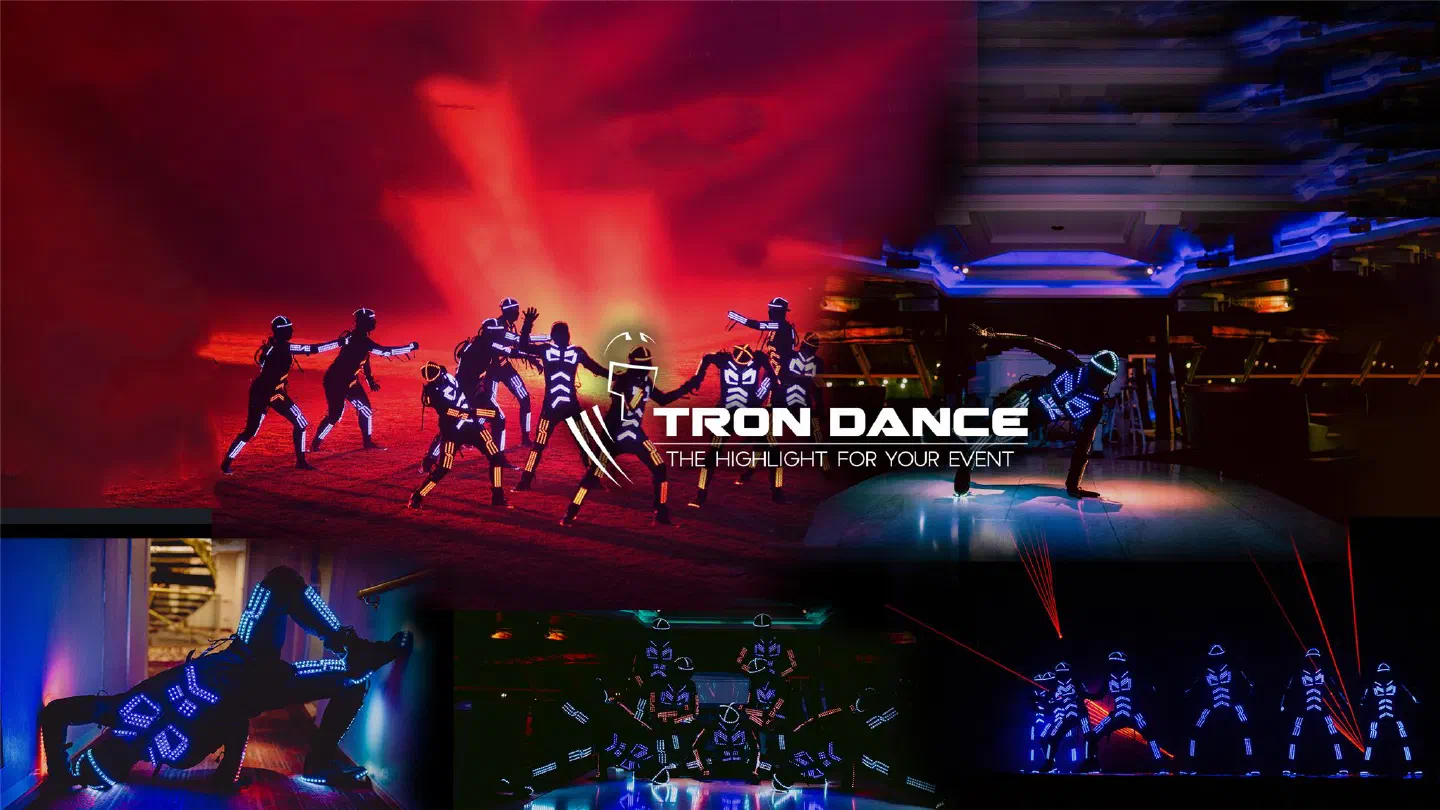 Tron Dance – vrchol vaší akce – koláž tanečníků Tron v zářících LED kostýmech na červeně osvětleném hřišti, v hale a pod červenými laserovými paprsky