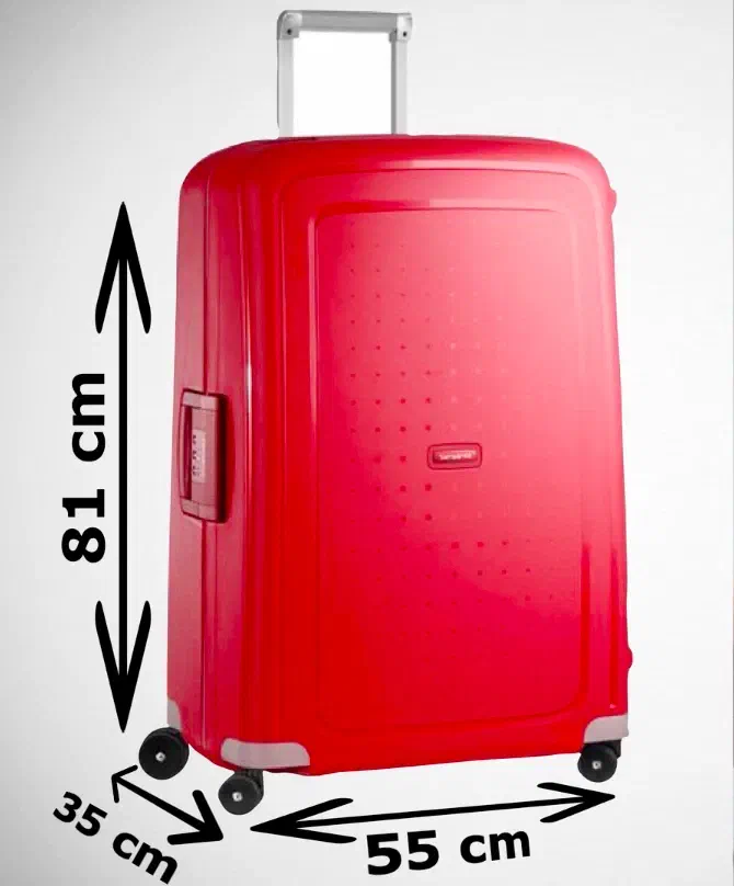 A red hard-shell travel suitcase with its dimensions marked – 81 cm high, 55 cm wide and 35 cm deep