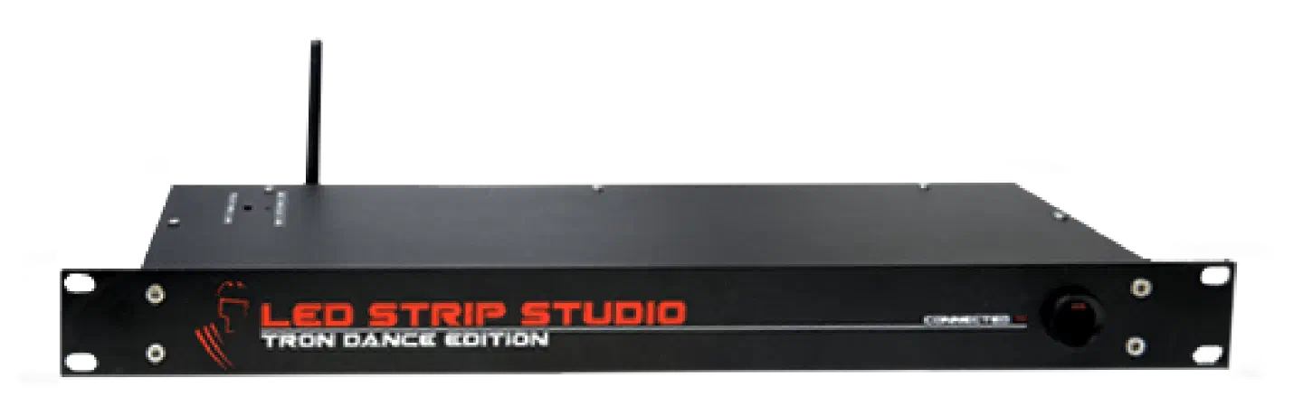 Tron Dance controller – a black 19-inch rack unit with an antenna and the red LED Strip Studio Tron Dance Edition logo on its front panel