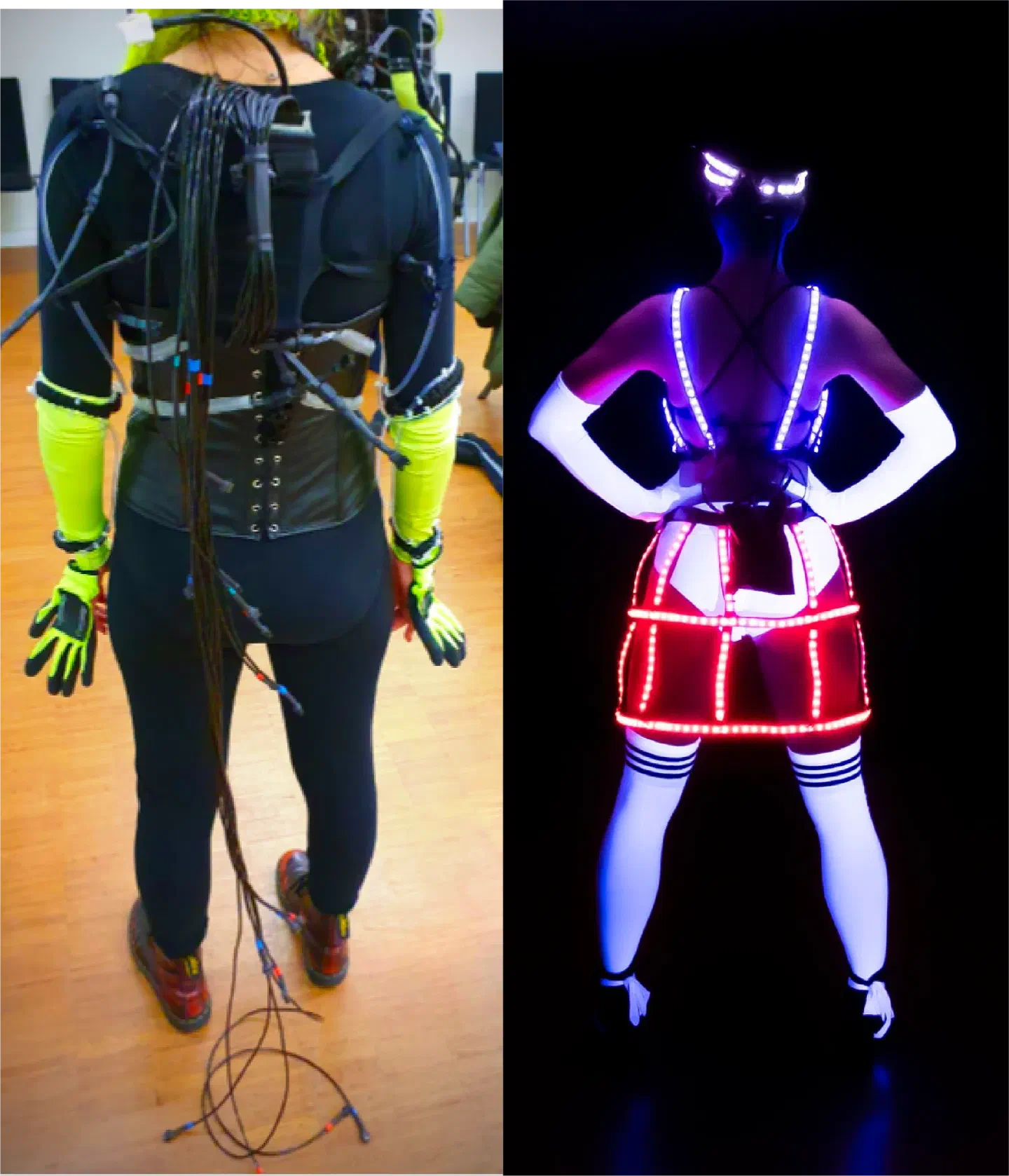 Two dancers seen from behind: on the left an older LED suit with a thick bundle of spiral cords and cables hanging from the back down to the floor, on the right the new Tron Girls costume glowing under UV light, with LED lines on the straps and a red LED skirt and no cables in sight