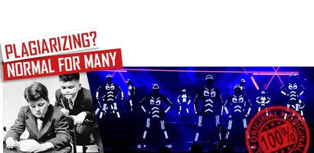 Plagiarizing? Normal for many – red labels above an old photo of a schoolboy copying from his classmate, next to Tron dancers in glowing LED suits on a stage and a red “100% original” stamp