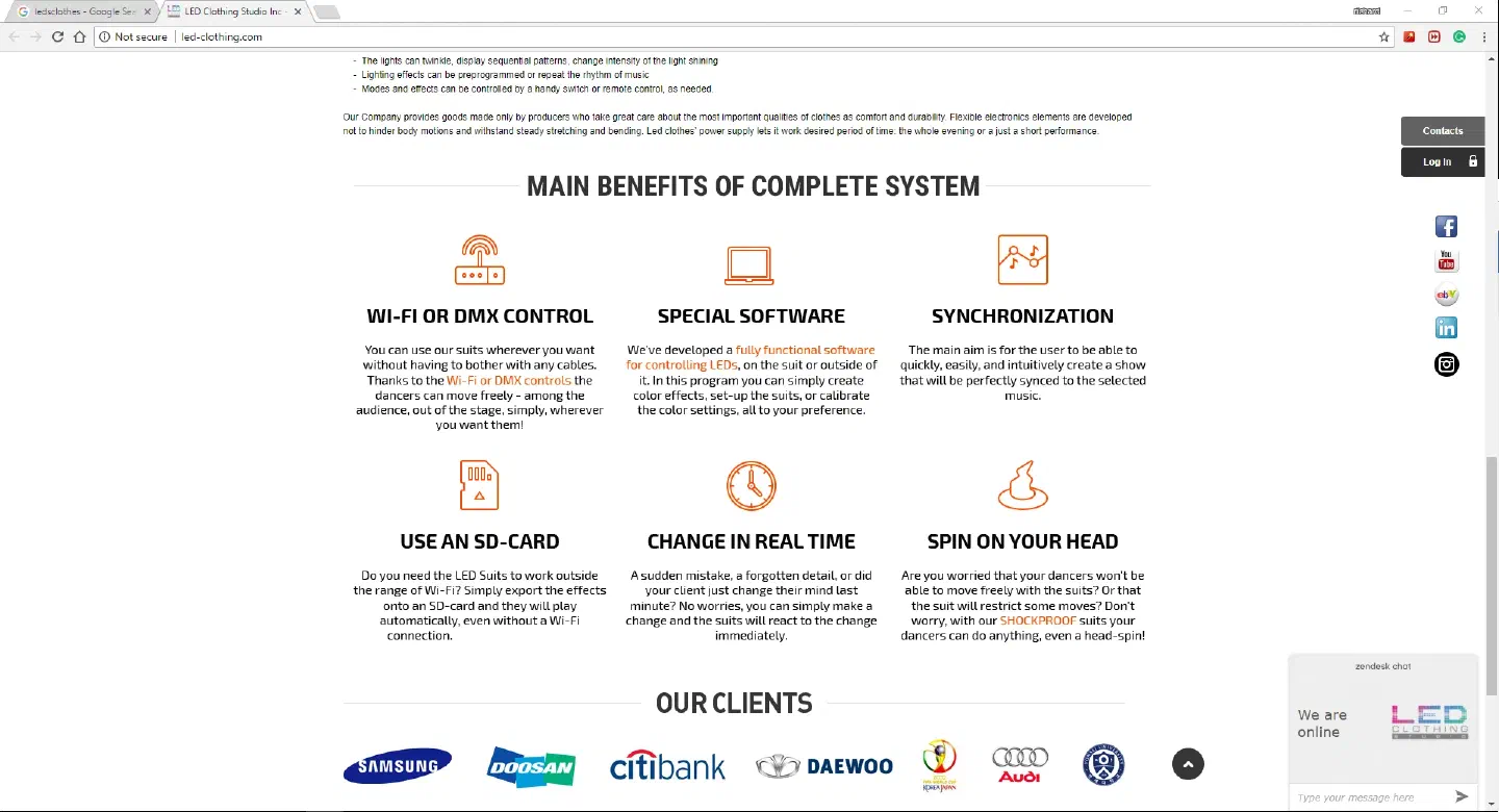Screenshot of led-clothing.com – the same “Main benefits of complete system” with the same six points and texts as on our website
