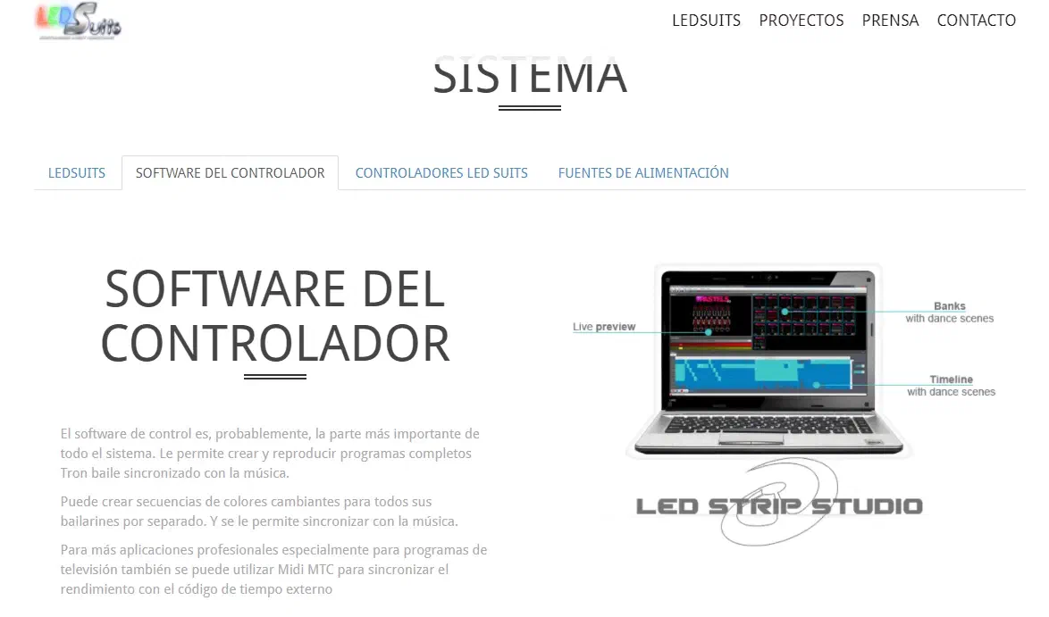 Screenshot of ledsuits.com – Spanish page “Software del controlador” with our picture of a laptop running LED Strip Studio