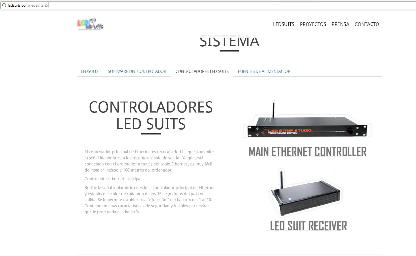 Screenshot of ledsuits.com/ledsuits-2/ – Spanish page “Controladores LED suits” with pictures of our main Ethernet controller and LED suit receiver