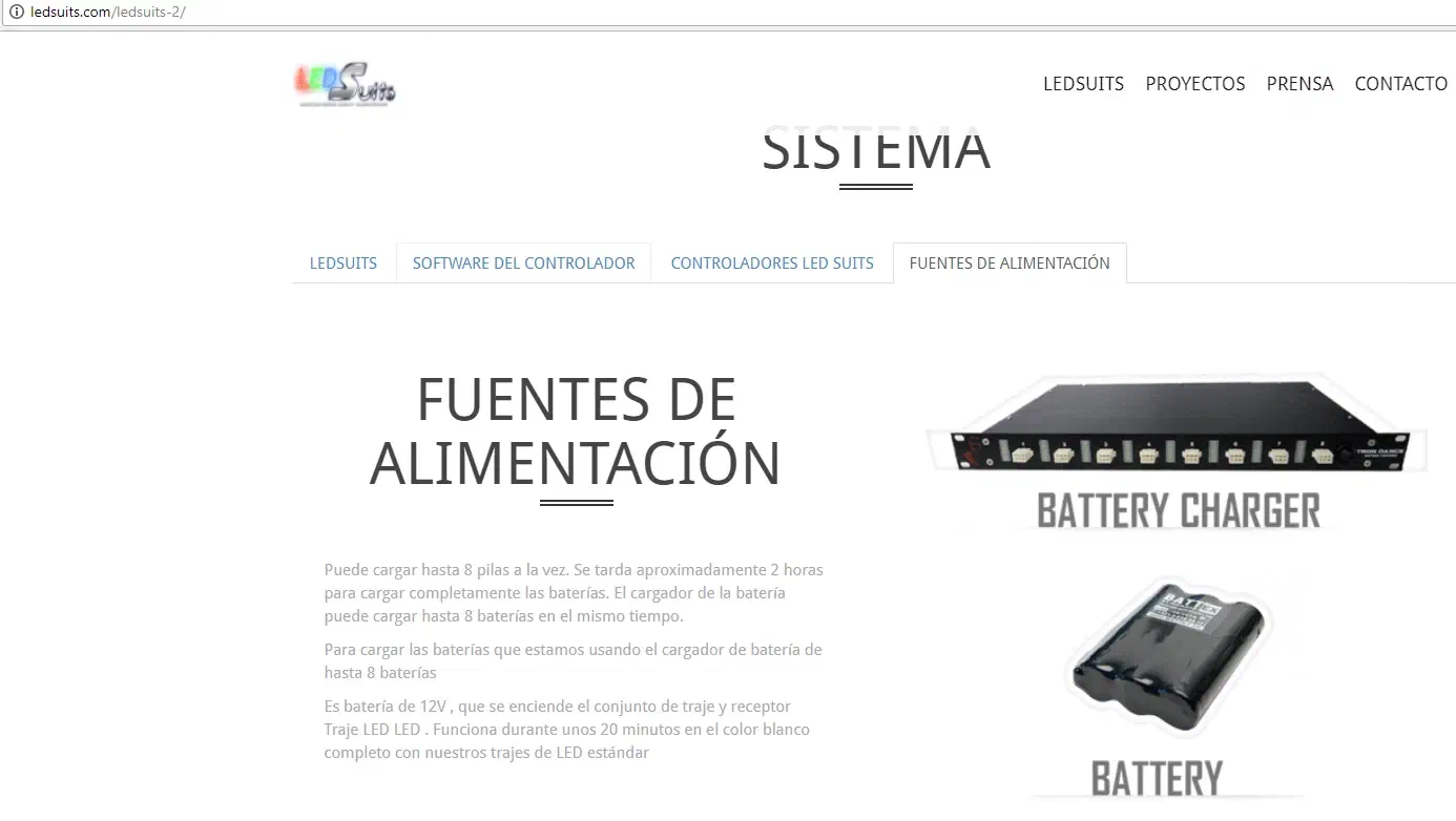 Screenshot of ledsuits.com/ledsuits-2/ – Spanish page “Fuentes de alimentación” with pictures of our battery charger and battery