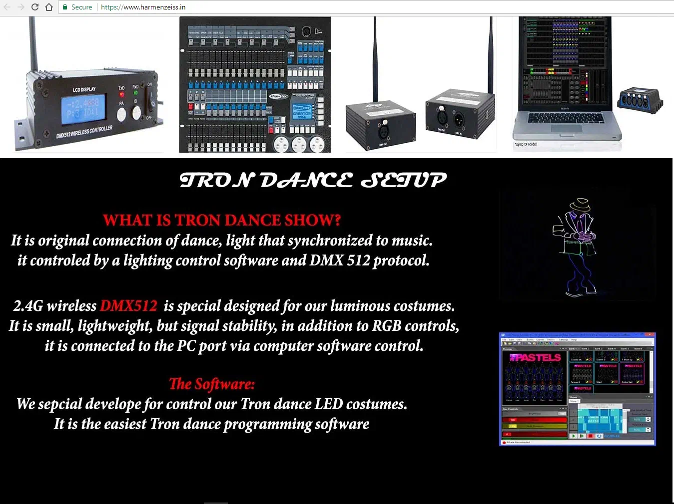 Screenshot of another website – “Tron Dance setup” with pictures of wireless DMX controllers, a laptop with our LED Strip Studio software and an LED dancer