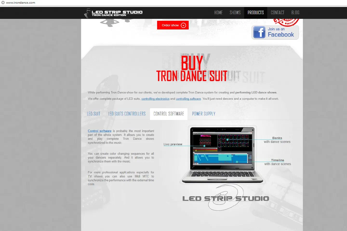 Screenshot of our website www.trondance.com – “Buy Tron Dance suit”, the Control software tab with the same laptop picture of LED Strip Studio and the same texts