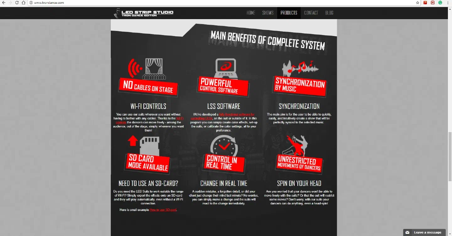 Screenshot of our website www.trondance.com – “Main benefits of complete system”: Wi-Fi controls, LSS software, synchronization, SD-card mode, change in real time and spin on your head