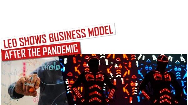 Obchodný model LED show po pandémii – červené a biele bannery nad rukou, ktorá oranžovou fixkou píše poznámky na sklenenú tabuľu, vedľa dvoch tanečníkov v LED kostýmoch žiariacich načerveno pred stenou z červených, bielych a modrých LED tvarov