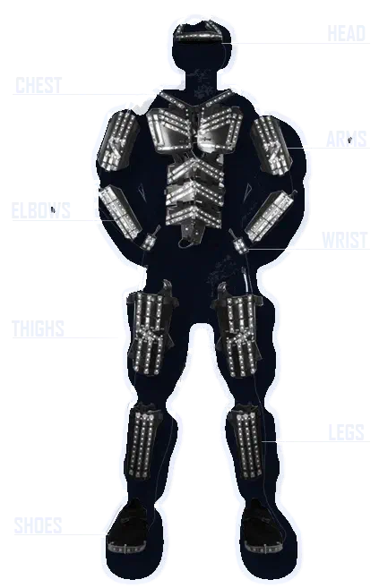 LED kostým Tron Dance z plastových dielov – vyznačená hlava, hrudník, ruky, lakte, zápästia, stehná, nohy a topánky