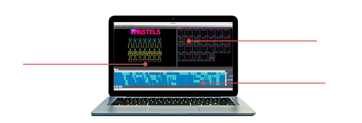 LED Strip Studio na notebooku – živý náhľad tanečníkov, banky a časová os s tanečnými scénami – a logo LED Strip Studio