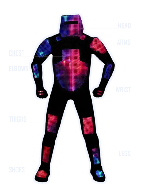 Pixelový kostým Tron Pixel zobrazujúci na pixeloch červeno-modrý obrázok – vyznačená hlava, ruky, hrudník, lakte, zápästia, stehná, nohy a topánky